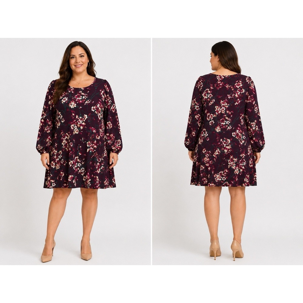 Tommy Hilfiger Womens 16W Floral Dress Purple Long Puff Sleeve Plus Size NWT